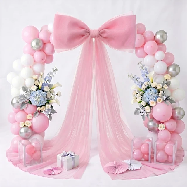Alt view image 6 of 6 - 39x70 Inch Extra Large Pink Bow Decorations, Giant Tulle Bow for Wedding Backdrop, Big Coquette Room Wall Decor, Bridal Shower Baby Birthday Party Arch Supplies (Pink)