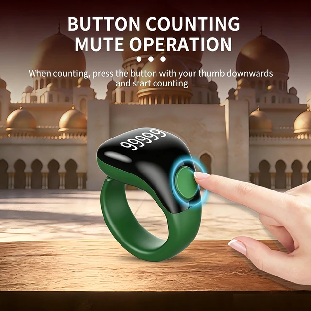 Alt view image 7 of 7 - Smart Tasbih Zikr Ring,Adjustable Counter, 3 Sizes (18,20,22mm) Muslim Digital Azan Alarm Clock,APP Support Digital Counter Prayer Reminder Rings, Waterproof 5 Digit Finger Counter zikr Ring(Green)