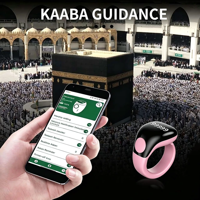 Alt view image 2 of 7 - Smart Tasbih Zikr Ring,Adjustable Counter, 3 Sizes (18,20,22mm) Muslim Digital Azan Alarm Clock,APP Support Digital Counter Prayer Reminder Rings, Waterproof 5 Digit Finger Counter zikr Ring(Pink)