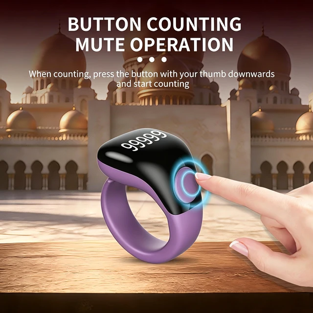 Alt view image 7 of 7 - Smart Tasbih Zikr Ring,Adjustable Counter, 3 Sizes (18,20,22mm) Muslim Digital Azan Alarm Clock,APP Support Digital Counter Prayer Reminder Rings, Waterproof 5 Digit Finger Counter zikr Ring(Purple)