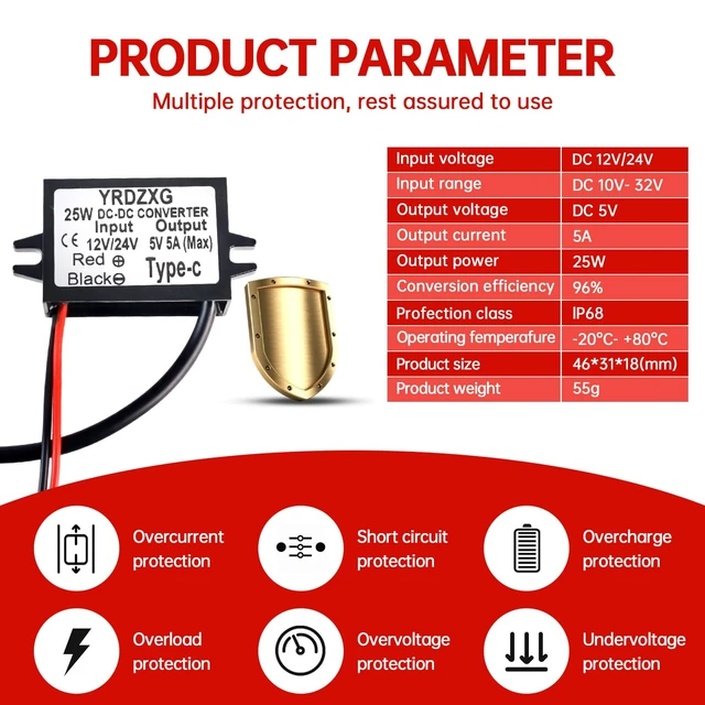 Alt view image 2 of 6 - 3PCS 12V/24V to 5V 5A 25W Buck Converter, Type-C, DC-DC Buck Regulator Power Adapter Module
