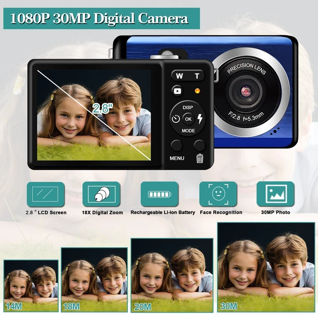 Alt view image 2 of 7 - 30MP Point and Shoot Camera, 1080P Digital Camera, 18X Zoom for Kids 2.8" LCD, 18X digital zoom, built-in flash, self-timer, rechargeable compact design for kids, teens & beginners(Blue)