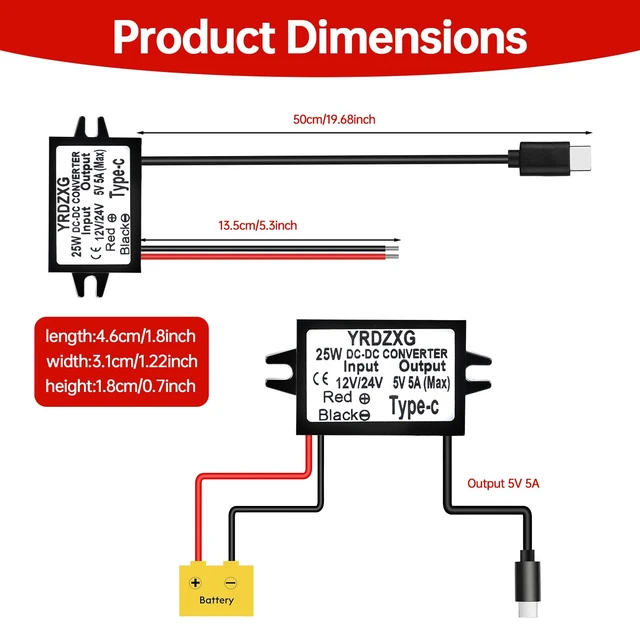Alt view image 4 of 6 - 3PCS 12V/24V to 5V 5A 25W Buck Converter, Type-C, DC-DC Buck Regulator Power Adapter Module
