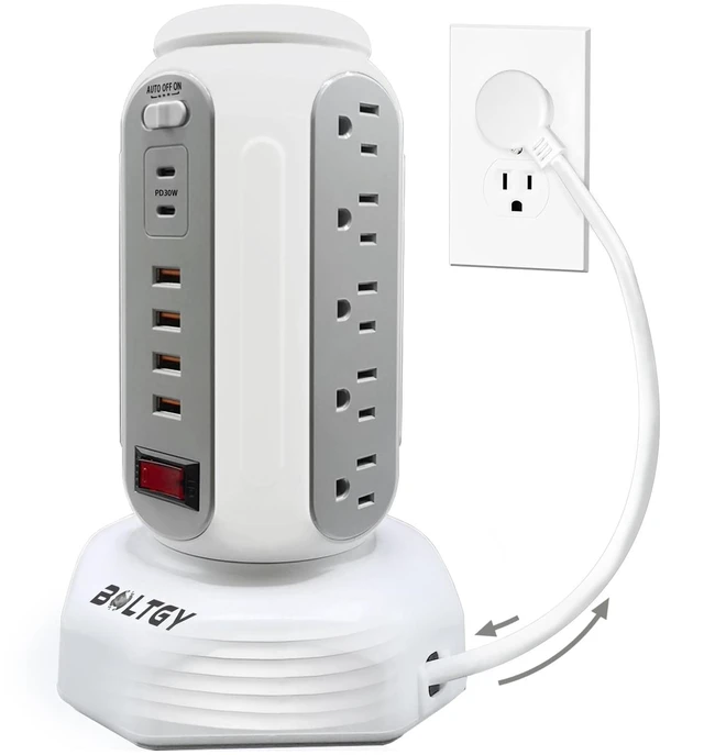 Main image of Power Strip Tower with Retractable Charging Cables, Surge Protector Tower with PD30W USB C and 15 AC Outlets, Flat Plug 6.5ft Large Fast Charging Station for Home Office - White