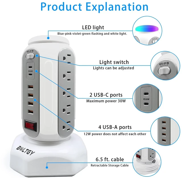 Alt view image 2 of 6 - Power Strip Tower with Retractable Charging Cables, Surge Protector Tower with PD30W USB C and 15 AC Outlets, Flat Plug 6.5ft Large Fast Charging Station for Home Office - White