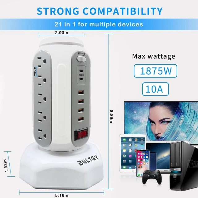 Alt view image 3 of 6 - Power Strip Tower with Retractable Charging Cables, Surge Protector Tower with PD30W USB C and 15 AC Outlets, Flat Plug 6.5ft Large Fast Charging Station for Home Office - White
