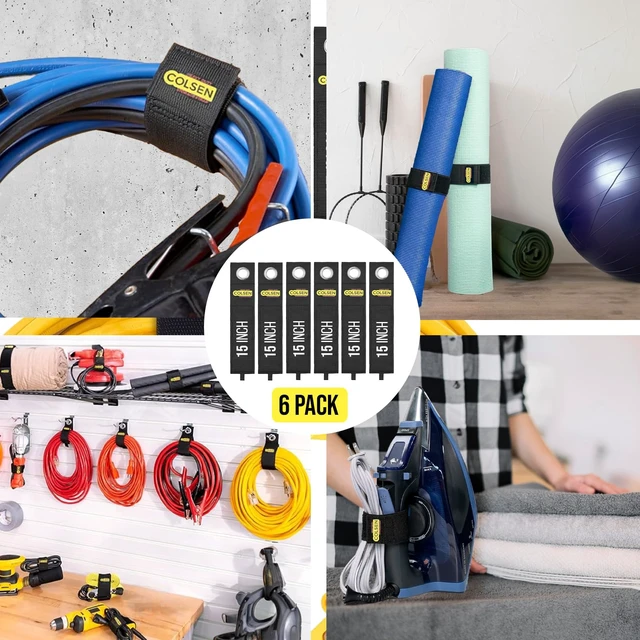 Alt view image 5 of 7 - Storage Straps, 15 in, 6 Pack, Hook and Loop Organizer for Cables Hook-and-loop closure, Holds up to 50 lbs, Weatherproof polypropylene material, Reusable for cords, hoses, tools