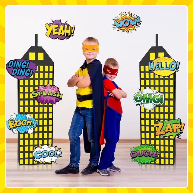 Alt view image 7 of 7 - 18 Pcs Super Theme Hero Party Photography Backdrop Boxes (Hero 18 Pcs) Hero Birthday Decorations, Skyscraper City Boxes, 6 Skyscraper Boxes 10 Stickers 2 Roof Decor for Super Theme Party