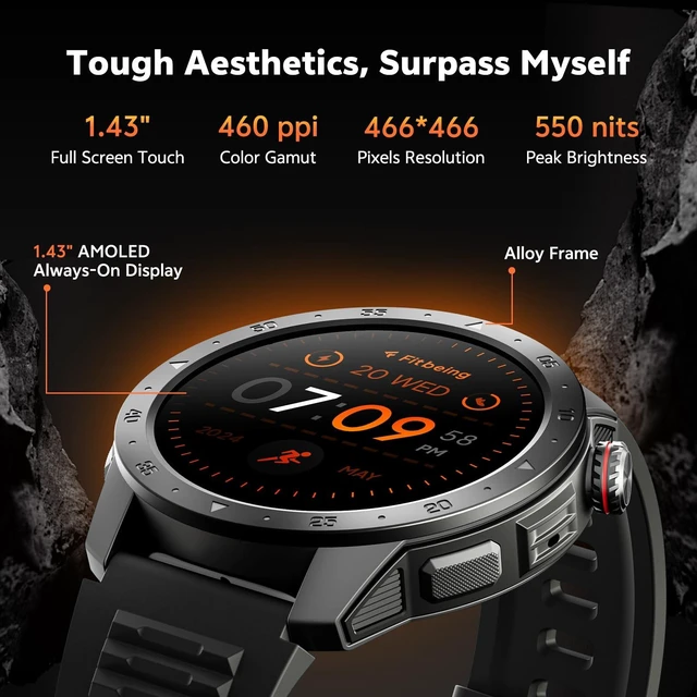 Alt view image 2 of 7 - GTX2 Military Smart Watch Built-in GPS AMOLED Compass for Men Fitness Tracker Watch 1.43" AMOLED Screen Altitude Barometer 3ATM Waterproof with Health Monitor for Android iOS Outdoor