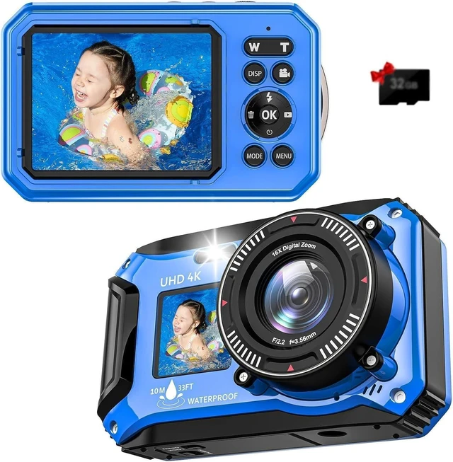 Main image of 4K 56MP 33FT UHD Underwater Digital Camera for Snorkeling with 32GB Card Dual-Screen Compact Waterproof Dustproof Floatable Autofocus Point and Shoot Digital 1500mAh Battery