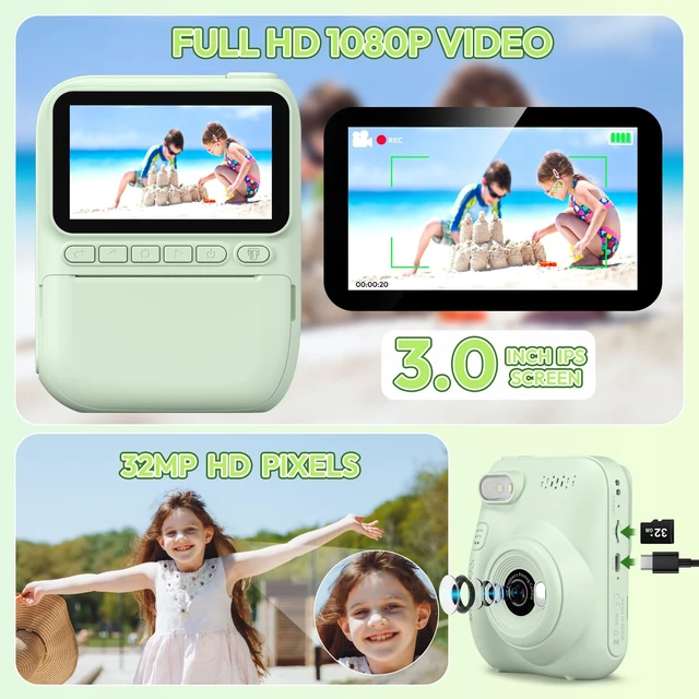Alt view image 3 of 7 - Kids Camera Instant Print Birthday Graduation Gifts for Kids Age 3 4 5 6 7 8 9 Toddler Portable Travel Print Digital Camera Outdoor Toy for 3-12 Boys Girls (Green)
