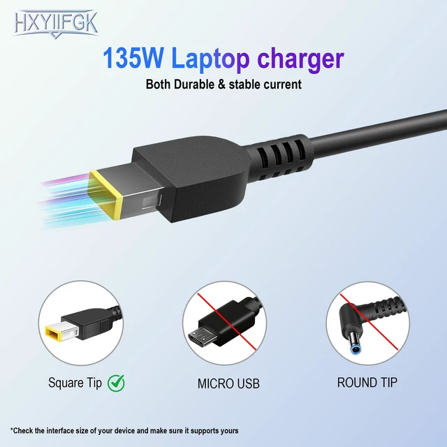 Alt view image 3 of 7 - 135W GaN Laptop Charger Compatible with Lenovo Laptop Series 135W replacement charger for Yoga C940 Y70 Y50, IdeaPad Gaming 3 Y700 Creator Pro, ThinkBook laptop with cord