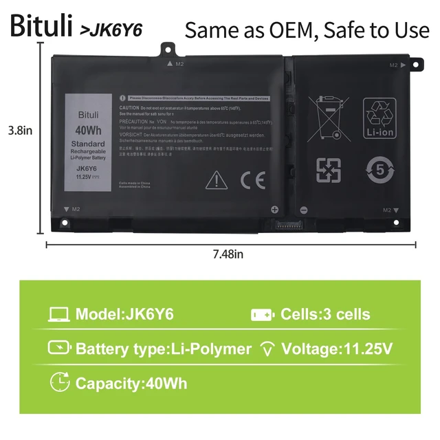 Alt view image 2 of 7 - JK6Y6 Replacement Battery for Dell 14 5000 5300 5301 5401 5402 5408 5409 5501 5508 5509 5400 5406 7405 7300 7306 7500 7506 2-in-1 Silver Series Latitude 3410 3510 Vostro 5301 40Wh