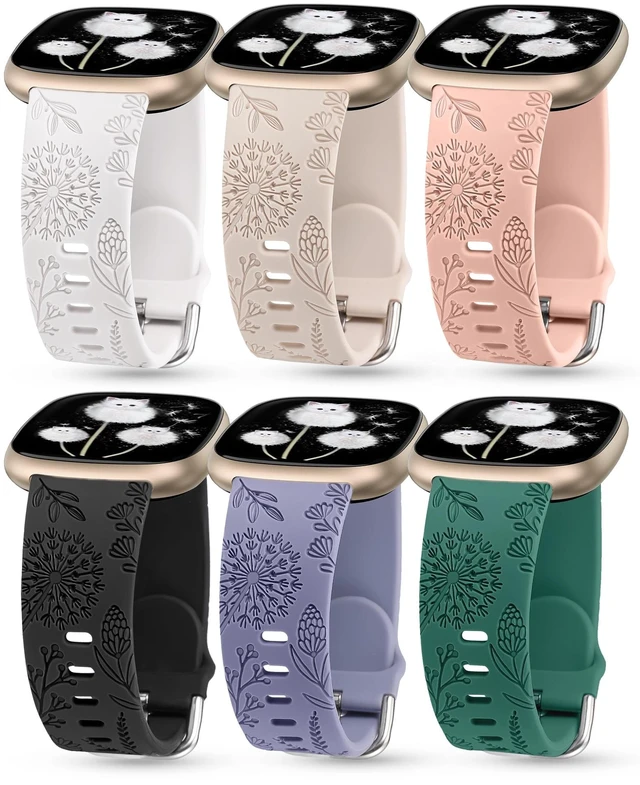 Main image of 3 Packs Floral Engraved Band Compatible with Fitbit Versa 4/Versa 3/Sense 2/Sense Band Women, Cute Soft Silicone Dandelion Flower Pattern Sport Designer Fancy Summer Strap for Versa 4