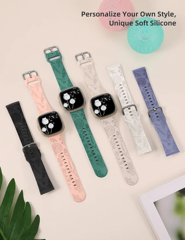 Alt view image 5 of 7 - 3 Packs Floral Engraved Band Compatible with Fitbit Versa 4/Versa 3/Sense 2/Sense Band Women, Cute Soft Silicone Dandelion Flower Pattern Sport Designer Fancy Summer Strap for Versa 4