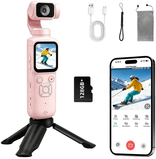 Main image of 4K Vlogging Pocket Camera with 330° Rotating Lens & Face Tracking, Portable Pocket Digital Camera for YouTube TikTok with 128GB Card, Handheld Camera Tripod Carrying Bag (Pink)