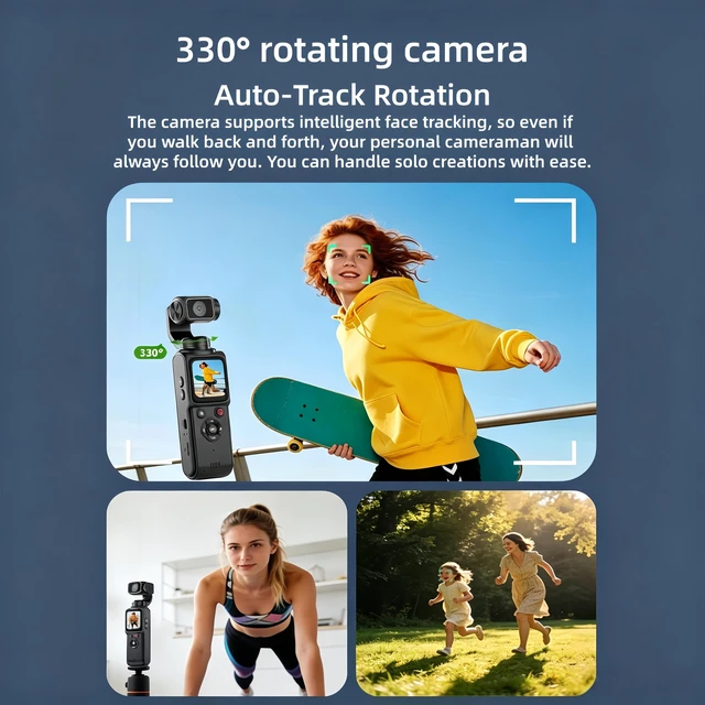 Alt view image 3 of 7 - 4K Vlogging Pocket Camera with 330° Rotating Lens & Face Tracking, Portable Pocket Digital Camera for YouTube TikTok with 128GB Card, Handheld Camera Tripod Carrying Bag (Pink)