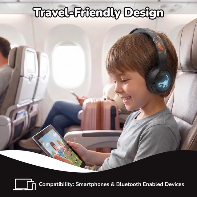 Alt view image 4 of 7 - Kids Safe Wireless Light Up Headphones, Foldable Tangle-Free 3.5mm Jack, Volume Limiting 85/94dB, Over-Ear with Microphone for School/Toddlers/Teens/Boys/Girls/Ipad/Tablet/Kindle/Phones/Travel/Plane