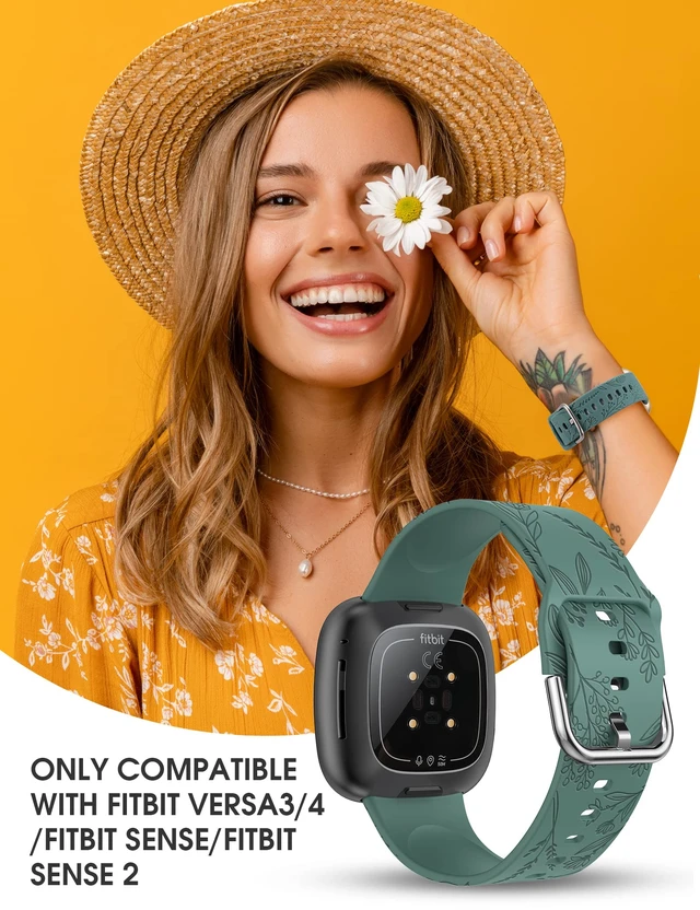 Alt view image 6 of 7 - 3 Packs Floral Engraved Band Compatible with Fitbit Versa 4/Versa 3/Sense 2/Sense Band Women, Cute Soft Silicone Dandelion Flower Pattern Sport Designer Fancy Summer Strap for Versa 4