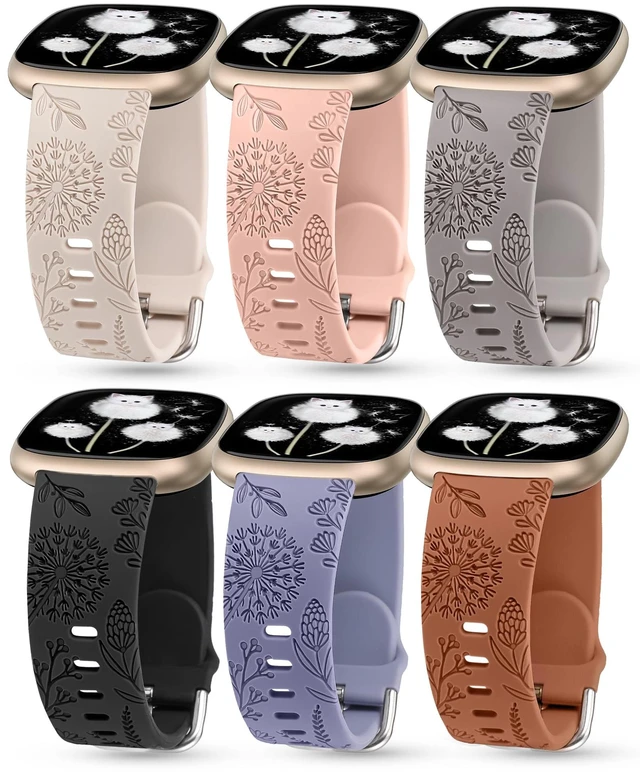 Main image of 3 Packs Floral Engraved Band Compatible with Fitbit Versa 4/Versa 3/Sense 2/Sense Band Women, Cute Soft Silicone Dandelion Flower Pattern Sport Designer Fancy Summer Strap for Versa 4