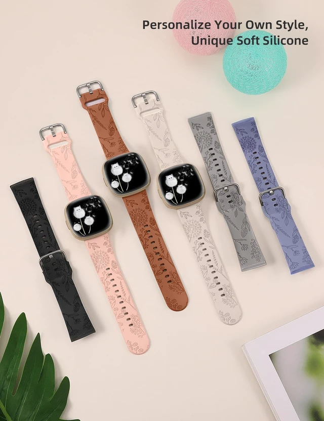 Alt view image 5 of 7 - 3 Packs Floral Engraved Band Compatible with Fitbit Versa 4/Versa 3/Sense 2/Sense Band Women, Cute Soft Silicone Dandelion Flower Pattern Sport Designer Fancy Summer Strap for Versa 4