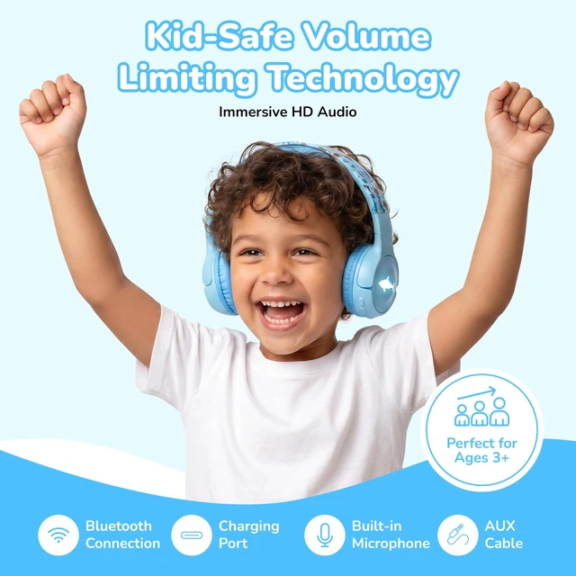 Alt view image 3 of 7 - Kids Safe Wireless Light Up Headphones, Foldable Tangle-Free 3.5mm Jack, Volume Limiting 85/94dB, Over-Ear with Microphone for School/Toddlers/Teens/Boys/Girls/Ipad/Tablet/Kindle/Phones/Travel/Plane