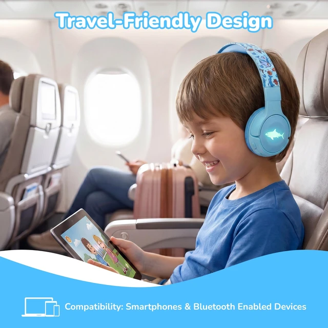 Alt view image 4 of 7 - Kids Safe Wireless Light Up Headphones, Foldable Tangle-Free 3.5mm Jack, Volume Limiting 85/94dB, Over-Ear with Microphone for School/Toddlers/Teens/Boys/Girls/Ipad/Tablet/Kindle/Phones/Travel/Plane