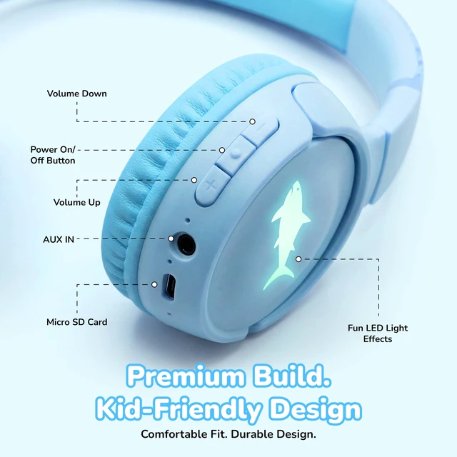 Alt view image 5 of 7 - Kids Safe Wireless Light Up Headphones, Foldable Tangle-Free 3.5mm Jack, Volume Limiting 85/94dB, Over-Ear with Microphone for School/Toddlers/Teens/Boys/Girls/Ipad/Tablet/Kindle/Phones/Travel/Plane