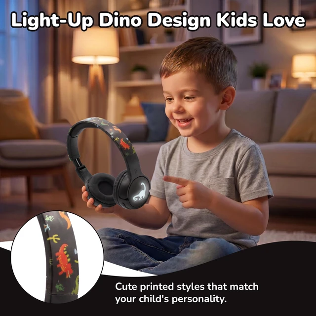 Alt view image 7 of 7 - Kids Safe Wireless Light Up Headphones, Foldable Tangle-Free 3.5mm Jack, Volume Limiting 85/94dB, Over-Ear with Microphone for School/Toddlers/Teens/Boys/Girls/Ipad/Tablet/Kindle/Phones/Travel/Plane