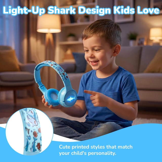 Alt view image 7 of 7 - Kids Safe Wireless Light Up Headphones, Foldable Tangle-Free 3.5mm Jack, Volume Limiting 85/94dB, Over-Ear with Microphone for School/Toddlers/Teens/Boys/Girls/Ipad/Tablet/Kindle/Phones/Travel/Plane