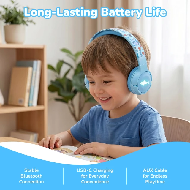 Alt view image 6 of 7 - Kids Safe Wireless Light Up Headphones, Foldable Tangle-Free 3.5mm Jack, Volume Limiting 85/94dB, Over-Ear with Microphone for School/Toddlers/Teens/Boys/Girls/Ipad/Tablet/Kindle/Phones/Travel/Plane