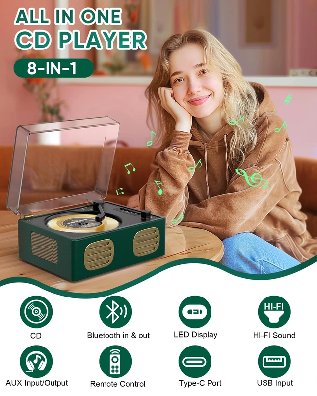 Alt view image 4 of 7 - CD Player with Built-in Speaker Portable CD Players with Bluetooth Output/Input USB Playback Headphone Jack with Remote Control, LED Screen Rechargeable Small CD Player Green