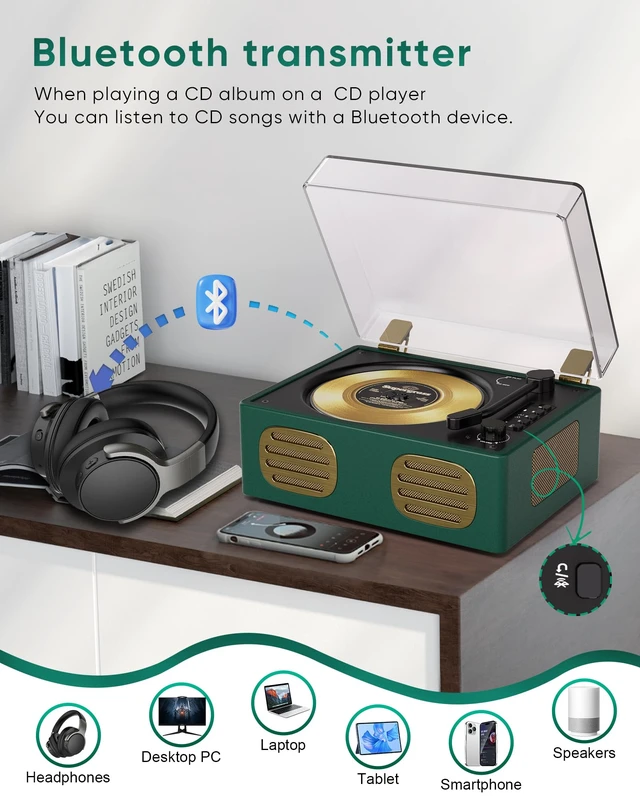 Alt view image 5 of 7 - CD Player with Built-in Speaker Portable CD Players with Bluetooth Output/Input USB Playback Headphone Jack with Remote Control, LED Screen Rechargeable Small CD Player Green