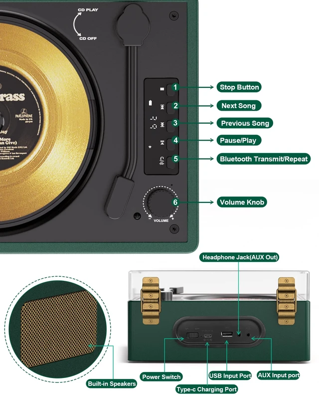 Alt view image 6 of 7 - CD Player with Built-in Speaker Portable CD Players with Bluetooth Output/Input USB Playback Headphone Jack with Remote Control, LED Screen Rechargeable Small CD Player Green