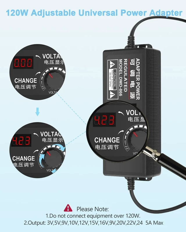 Alt view image 3 of 6 - Universal Power Supply 4V-24V 5A 120W Adjustable AC/DC Power Adapter 100-240V AC to DC 24V 19V 12V 5V 9V 6V 5A 4A Mulit-Voltage Variable Switching Converter with Polarity Converter & 14 Tips