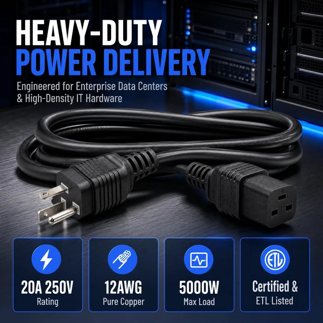 Alt view image 5 of 7 - 6FT NEMA 6-20P to IEC 320 C19 Heavy-Duty Power Cord 20A 250V, 12AWG 3-core copper SJT jacket, UL/ETL Listed, Server PDU UPS Power Cable, reinforced strain relief for data center