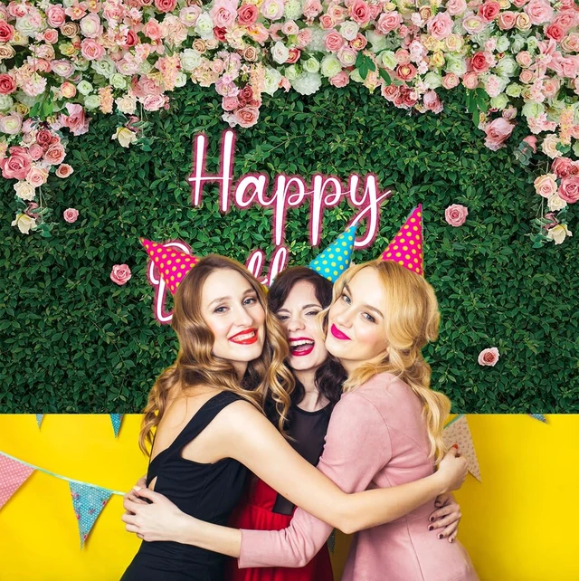 Alt view image 3 of 7 - Green Leaves Happy Birthday Backdrop Neon Pink Rose Flower Photography Background Women Girls Greenery Leaves Birthday Newborn Baby Shower Party Cake Table Decoration 8x6FT