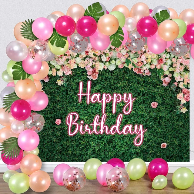 Alt view image 5 of 7 - Green Leaves Happy Birthday Backdrop Neon Pink Rose Flower Photography Background Women Girls Greenery Leaves Birthday Newborn Baby Shower Party Cake Table Decoration 8x6FT