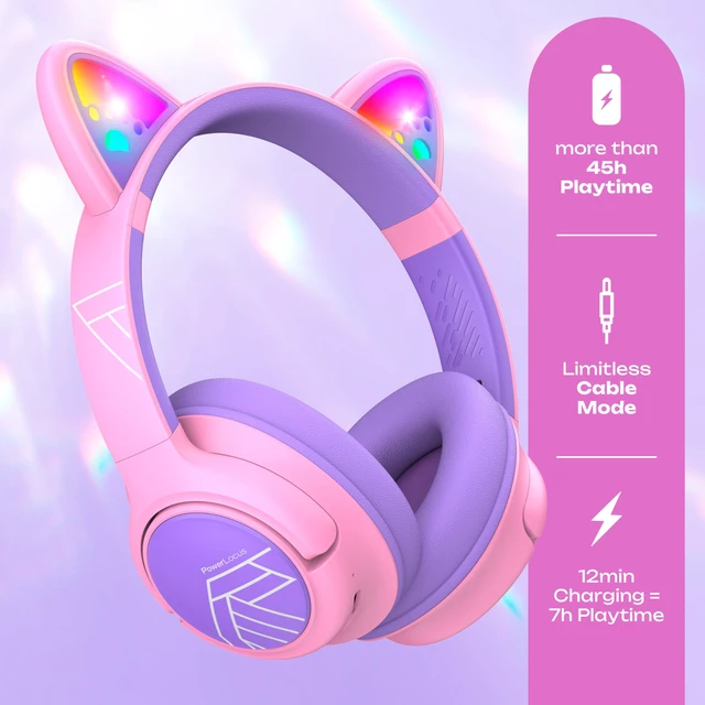 Alt view image 2 of 7 - Kids Wireless Headphones, 74/85/94dB Volume Limit, Purple LED Lights, Bluetooth Kids Headphones Over Ear with Built-in Mic, HD Stereo, Foldable for Girls iPad/Travel/Tablet/PC