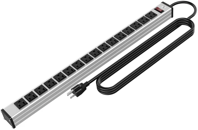 Main image of 16 Outlets Heavy Duty Metal Socket Power Strip,15-Foot Long Extension Cord with Circuit Breaker. Mounting Brackets Included, Workshop/Industrial use, ETL Certified, Black
