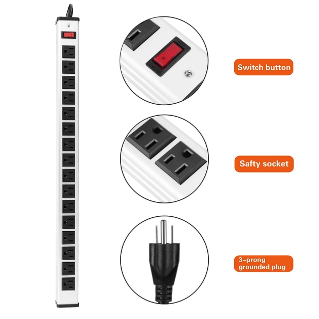 Alt view image 3 of 7 - 16 Outlets Heavy Duty Metal Socket Power Strip,15-Foot Long Extension Cord with Circuit Breaker. Mounting Brackets Included, Workshop/Industrial use, ETL Certified, Black