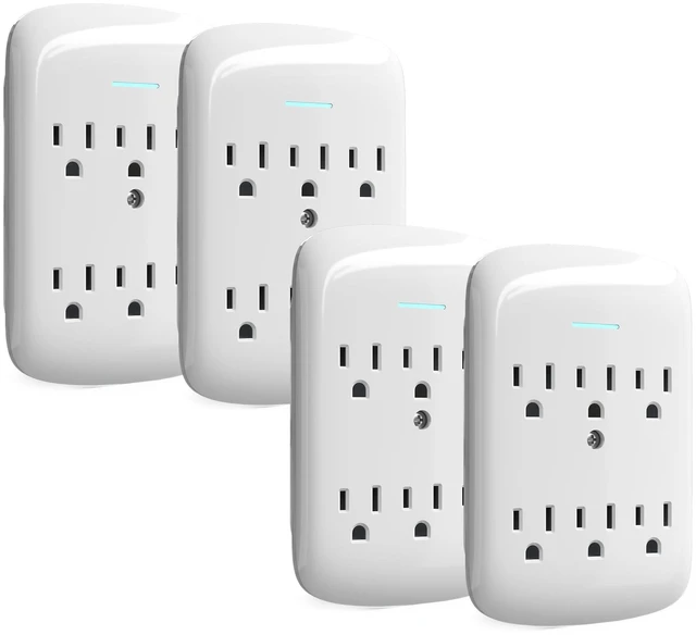 Main image of Surge Protector Wall Mount 6-Outlet Extender 4 Pack, 3 Prong Grounded Multi Plugs Power Strip Adapter Tap with Indicator Light, 15A/125V Low-Profile for Home & Office & Travel -ETL-White