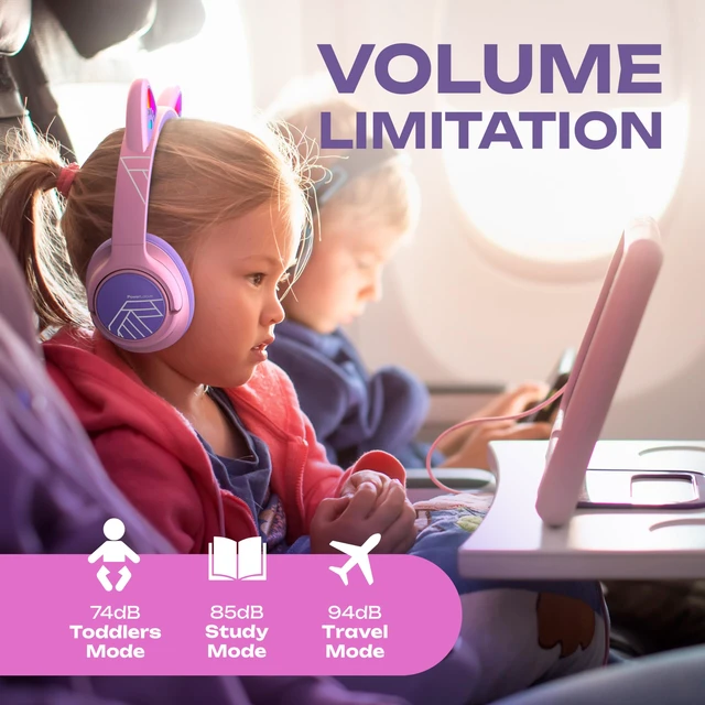 Alt view image 4 of 7 - Kids Wireless Headphones, 74/85/94dB Volume Limit, Purple LED Lights, Bluetooth Kids Headphones Over Ear with Built-in Mic, HD Stereo, Foldable for Girls iPad/Travel/Tablet/PC