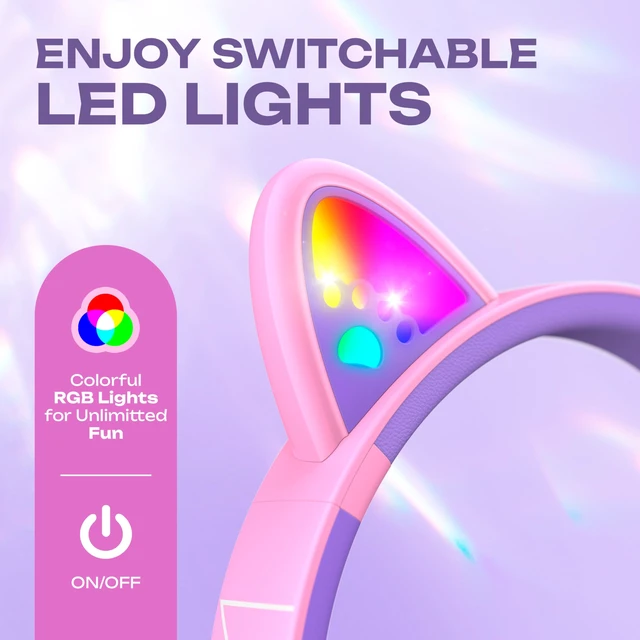Alt view image 3 of 7 - Kids Wireless Headphones, 74/85/94dB Volume Limit, Purple LED Lights, Bluetooth Kids Headphones Over Ear with Built-in Mic, HD Stereo, Foldable for Girls iPad/Travel/Tablet/PC