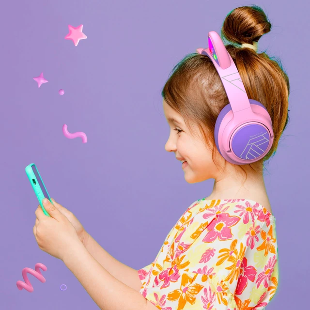 Alt view image 7 of 7 - Kids Wireless Headphones, 74/85/94dB Volume Limit, Purple LED Lights, Bluetooth Kids Headphones Over Ear with Built-in Mic, HD Stereo, Foldable for Girls iPad/Travel/Tablet/PC