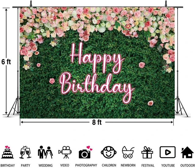 Alt view image 6 of 7 - Green Leaves Happy Birthday Backdrop Neon Pink Rose Flower Photography Background Women Girls Greenery Leaves Birthday Newborn Baby Shower Party Cake Table Decoration 8x6FT