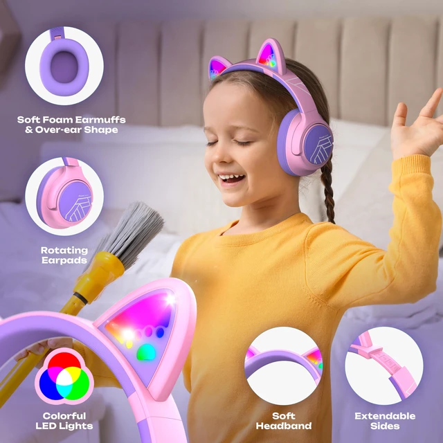 Alt view image 5 of 7 - Kids Wireless Headphones, 74/85/94dB Volume Limit, Purple LED Lights, Bluetooth Kids Headphones Over Ear with Built-in Mic, HD Stereo, Foldable for Girls iPad/Travel/Tablet/PC