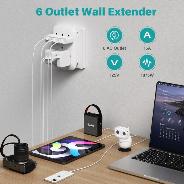 Alt view image 3 of 6 - Surge Protector Wall Mount 6-Outlet Extender 4 Pack, 3 Prong Grounded Multi Plugs Power Strip Adapter Tap with Indicator Light, 15A/125V Low-Profile for Home & Office & Travel -ETL-White