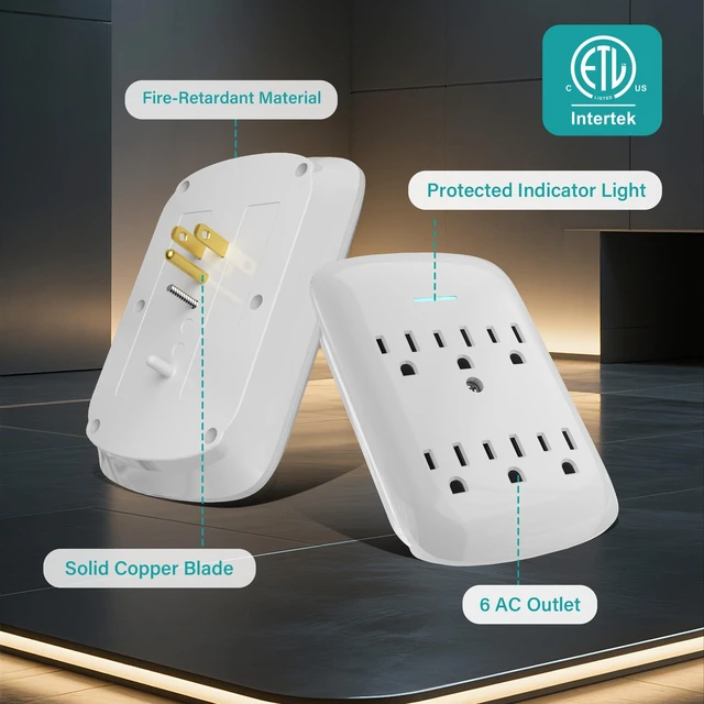 Alt view image 4 of 6 - Surge Protector Wall Mount 6-Outlet Extender 4 Pack, 3 Prong Grounded Multi Plugs Power Strip Adapter Tap with Indicator Light, 15A/125V Low-Profile for Home & Office & Travel -ETL-White