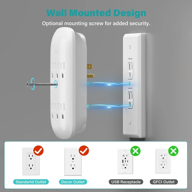 Alt view image 5 of 6 - Surge Protector Wall Mount 6-Outlet Extender 4 Pack, 3 Prong Grounded Multi Plugs Power Strip Adapter Tap with Indicator Light, 15A/125V Low-Profile for Home & Office & Travel -ETL-White